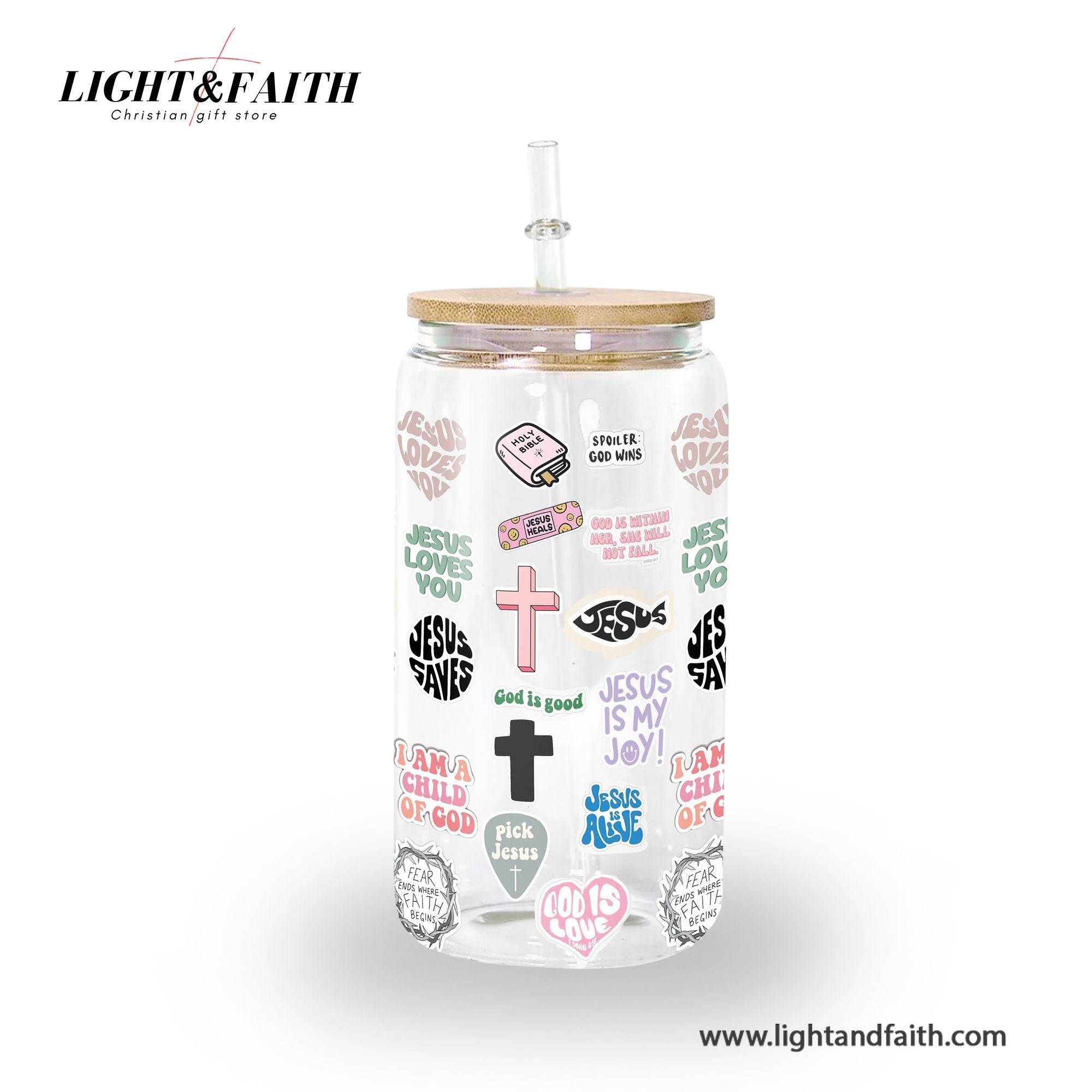 Christian Glass Can with Lid and Straw, Bible Verse Stickers, Jesus Saves Cup, Inspirational Scripture Iced Coffee Tumbler GCLAF29